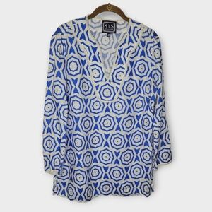 Sail To Sable STS Linen Long Sleeve Tunic M Blue White